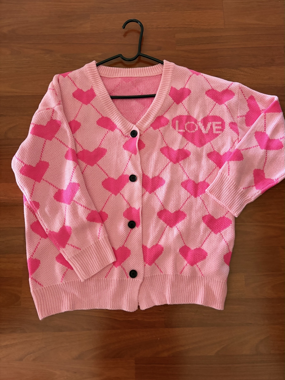 Pink Heart-Pattern Button Cardigan Sweater - LOVE Detail
